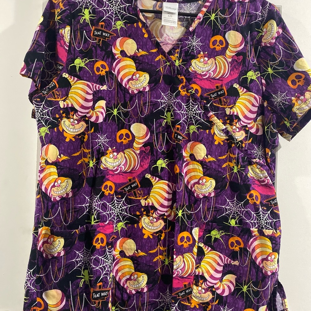 Halloween Themed Scrub Top with Cheshire Cat